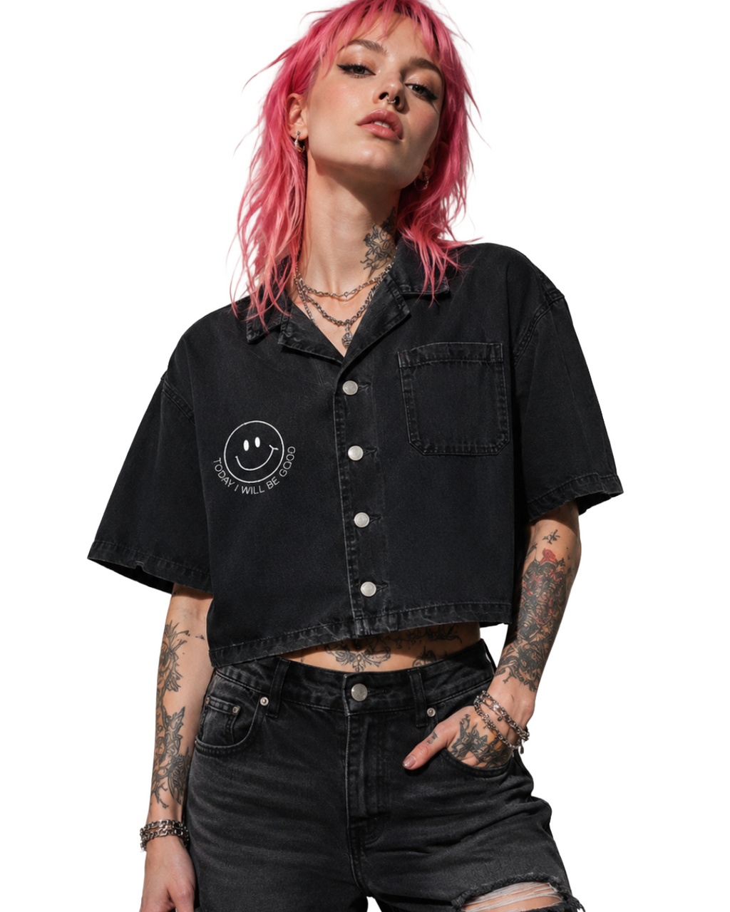TIWBG LOVE YA BOXY BUTTON UP CROPPED TEE