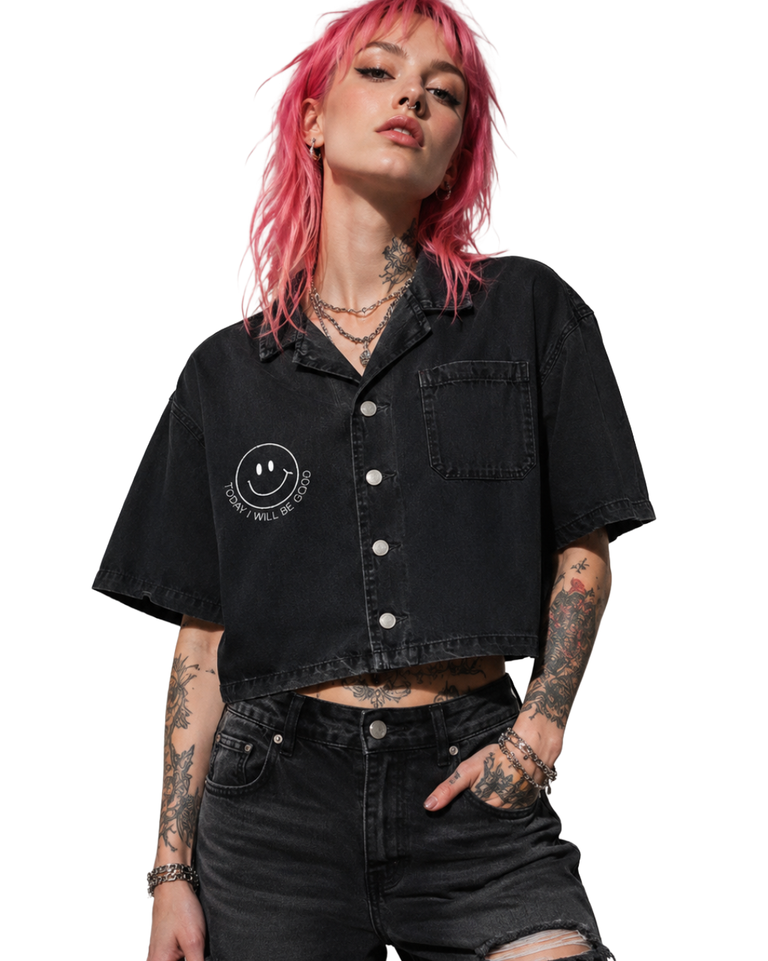 TIWBG LOVE YA BOXY BUTTON UP CROPPED TEE